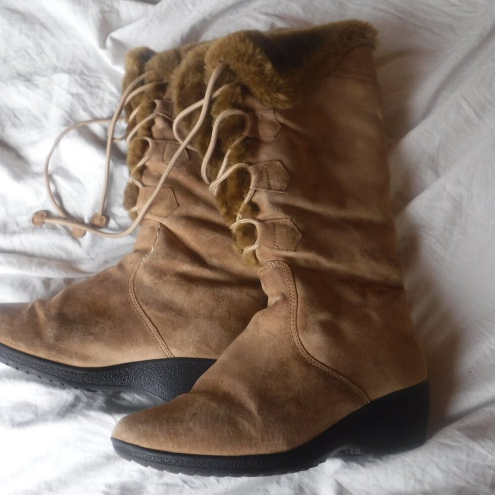 Khombu Brown Leather Lace Up Winter Ankle Boots Interior Faux Fur Size 8 Pre Own